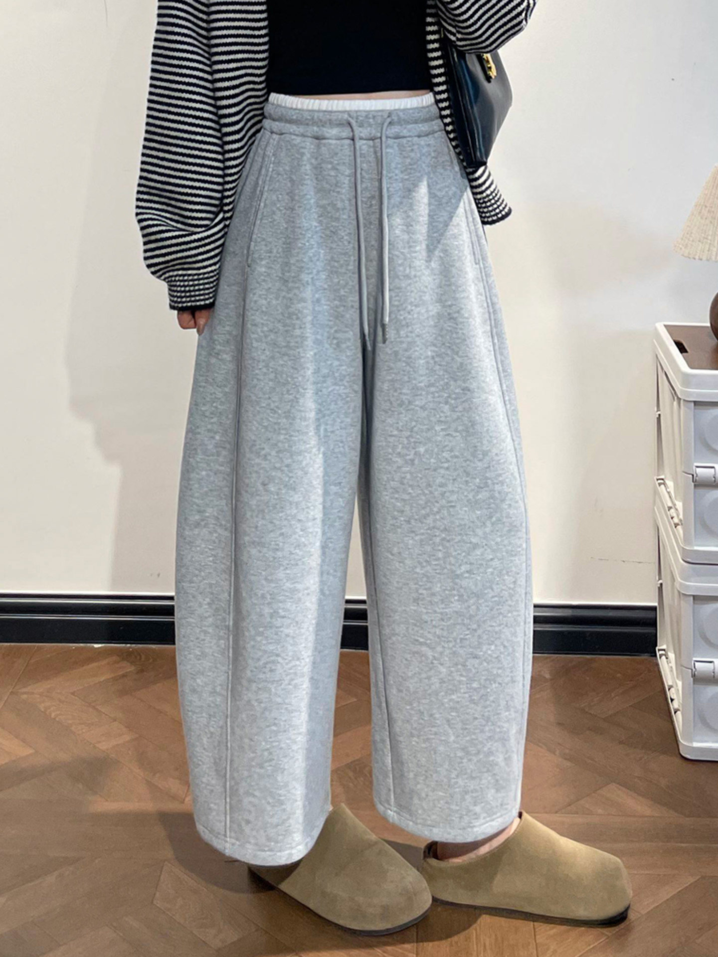 运动裤女2025新款春秋冬小个子九分加绒阔腿裤灰色休闲弯刀气球裤