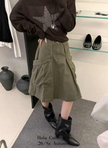 Hola美式设计感复古大口袋工装半身裙女高腰显瘦宽松百搭休闲中裙