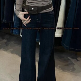SALIN莎琳#7682秋冬加绒百搭高腰弹力显瘦微喇牛仔裤女阔腿裤长裤