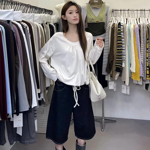 露思穿搭韩系慵懒纯欲风百搭圆领长袖T恤女宽松斜肩抽绳百搭上衣