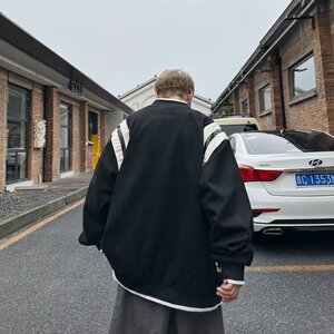 港风街头麂皮绒棒球服外套男美式复古秋冬夹克休闲撞色设计JK010图片