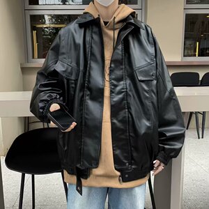 棕色复古机车皮衣夹克男春季美式潮牌高级感宽松痞帅翻领外套A70