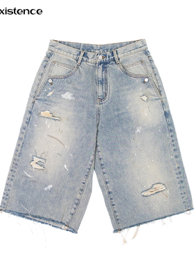 IN EXISTENCE存世24SS泼墨牛仔七分脏洗泥染破坏短裤男女牛仔短裤
