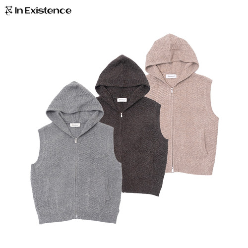 IN EXISTENCE存世26ss树纹提花连帽拉链针织马甲背心