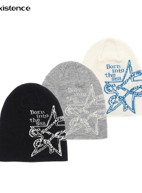IN EXISTENCE 存世25FW 羊毛混纺三色提花海星针织毛线包头冷帽
