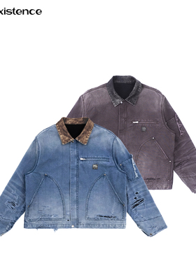 IN EXISTENCE存世25ss复古皮领褪色水洗破坏底特律工装夹克