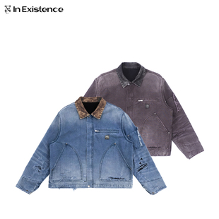 IN EXISTENCE存世25ss复古皮领褪色水洗破坏底特律工装夹克