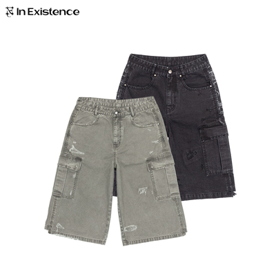 IN EXISTENCE存世25SS 成衣染色不对称拼接水洗补丁七分工装短裤