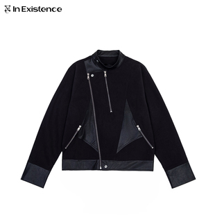 【年终福利】IN EXISTENCE存世 拼皮裁片斜门襟无领机车夹克