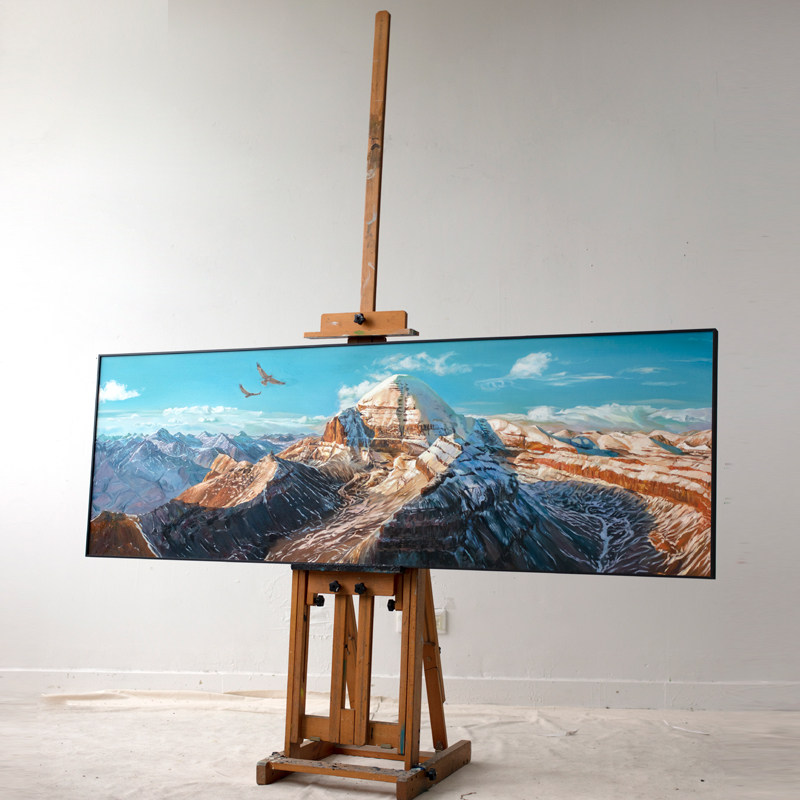 原创手绘油画《雄鹰翱翔在冈仁波齐神山》日照金山挂画客厅装饰画