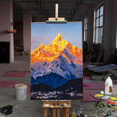 手绘丙烯画 日照金山挂画玄关画肌理画客厅油画 梅里雪山神女峰
