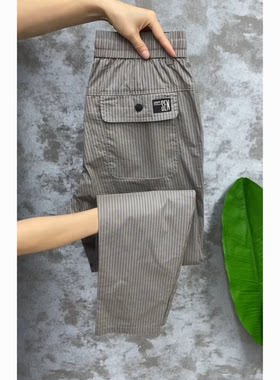 夏季薄款简约透气条纹休闲裤男士潮流百搭宽松弹力中青年直筒裤子