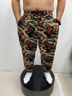 印花老爹裤 宽松薄款 透气抗皱长裤 中年大码 夏季 加肥束脚哈伦裤 男士