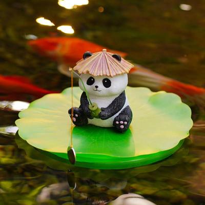 水上漂浮荷叶熊猫钓鱼缸造景流水鱼池可贴鱼食片悬浮水装饰品摆件