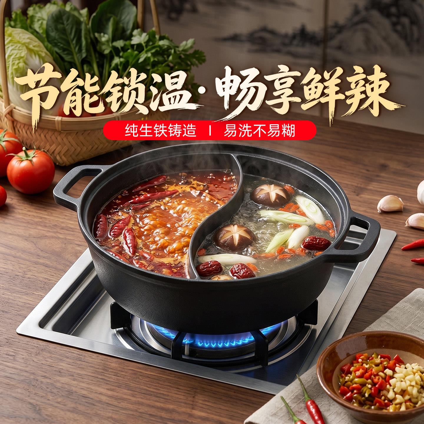 铸味鸳鸯锅火锅家用一体成型铸铁传统电磁炉燃气灶无涂层鸳鸯火锅