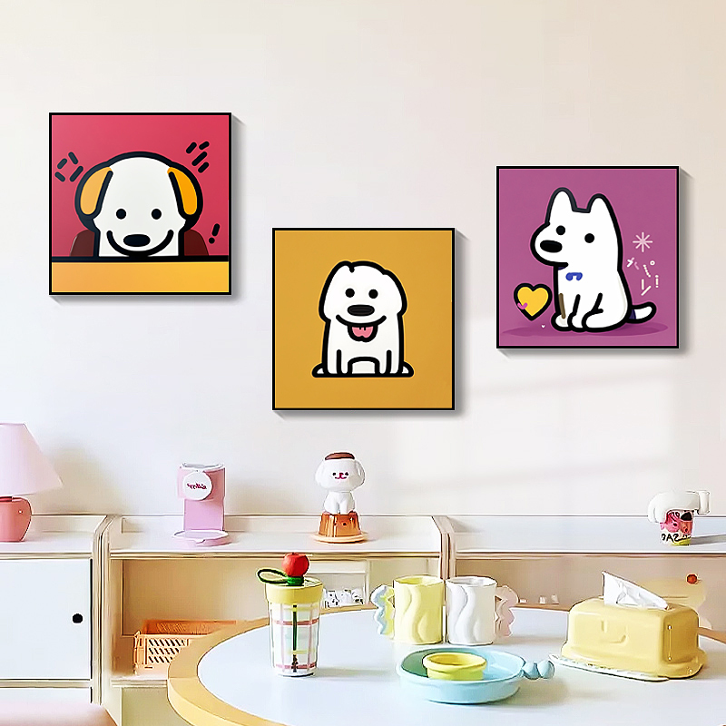 卡通小狗餐厅装饰画正方形儿童房壁画现代简约餐边柜摆画饭厅挂画图片