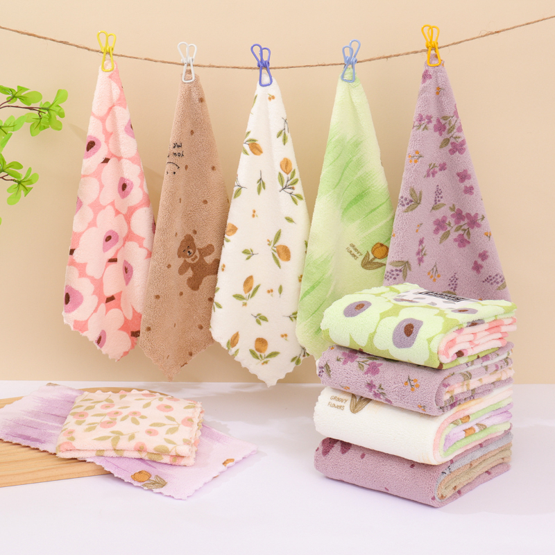 珊瑚绒印花方巾厨房卫生间擦手巾柔软吸水不掉毛洗碗布保洁用抹布