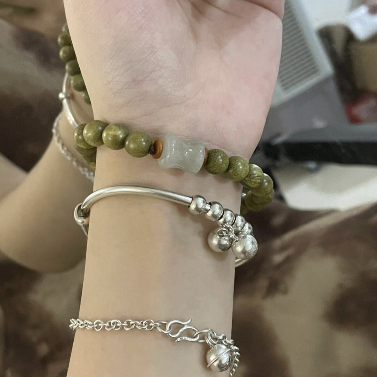 天然阿根廷绿檀木搭配天山翠竹节双圈手串女文玩佛珠木质饰品手链