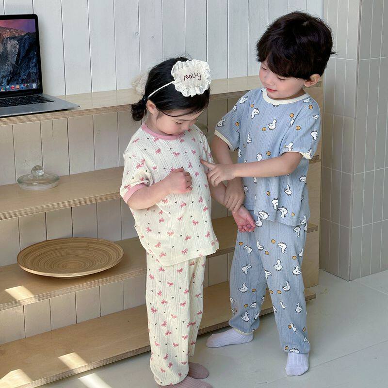 儿童夏季纯棉睡衣男女童短袖长裤呼吸家居服中小童宝宝透气空调服
