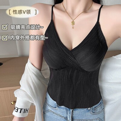 法式压褶吊带带胸垫美背内衣女性感外穿显瘦打底一体背心式文胸罩