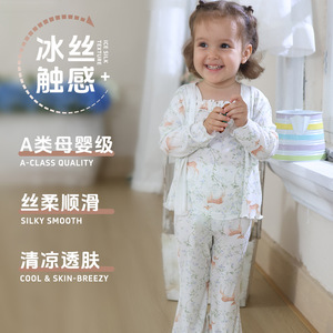 夏季薄款女童儿童睡衣a类凉感冰丝女孩空调服三件套家居服