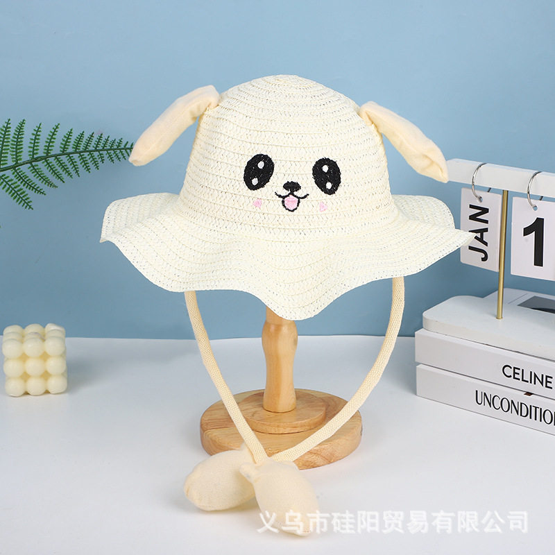 波浪帽带鸭叫声夏季儿童遮阳帽会动的耳朵可爱卡通草帽大帽檐