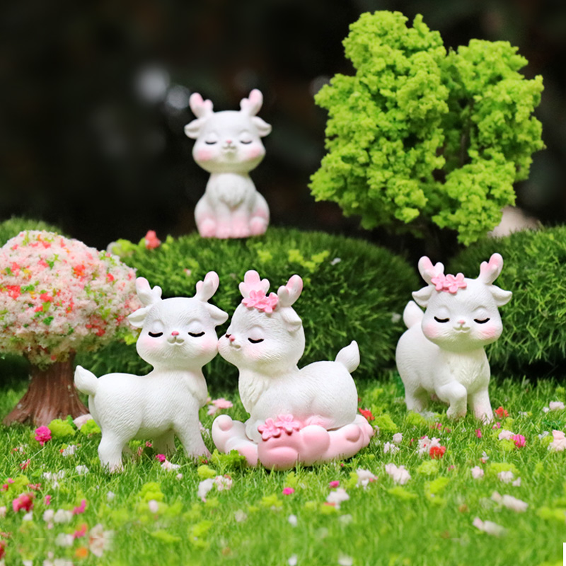 可爱白色樱花小鹿手办公仔盲盒苔藓微景观花盆造景DIY装饰品摆件
