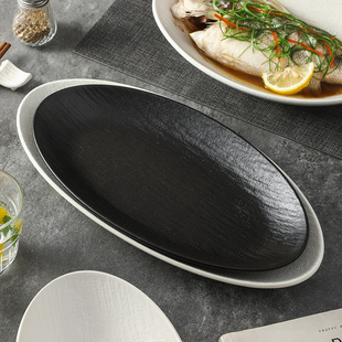 简约黑白鱼盘家用蒸鱼盘大号装鱼盘子陶瓷烤鱼摆盘高级感菜盘汤盘