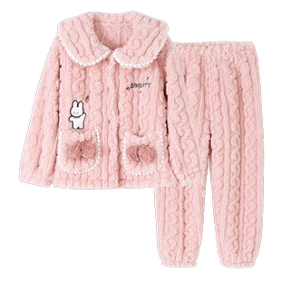 顶呱呱女童法兰绒睡衣秋冬保暖小女孩珊瑚绒公主风中大童家居套装