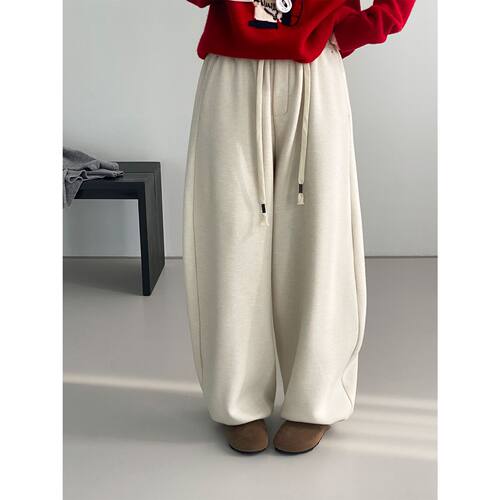 【博主风】复古慵懒风灰色加绒阔腿弯刀裤女保暖显瘦