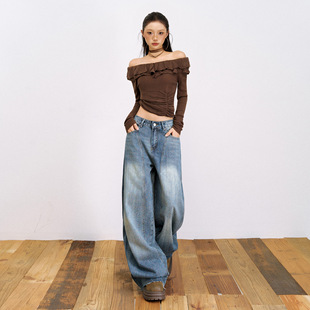 美式复古蓝宽松弯刀牛仔裤女2025秋新款高腰显瘦毛边阔腿
