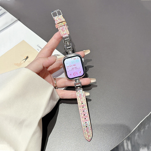 小香风适用iwatchs9表带applewatchs8新款SE代s7皮革拼接皓石s9金属链条iphonewatchs6手链式iwatchse女款s8