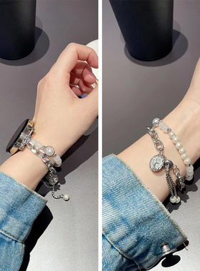 小香风美人鱼珍珠适用华为gt3表带gt4手链式watch4pro智能gt5手表带gt2女款buds夏天gs3荣耀41mm链条gs夏季22