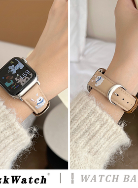 小猫刺绣皮质适用iwatchs10表带s9苹果手表带applewatch8秋冬季iwatchs7女款s6新款iphonewatch5时尚创意42mm
