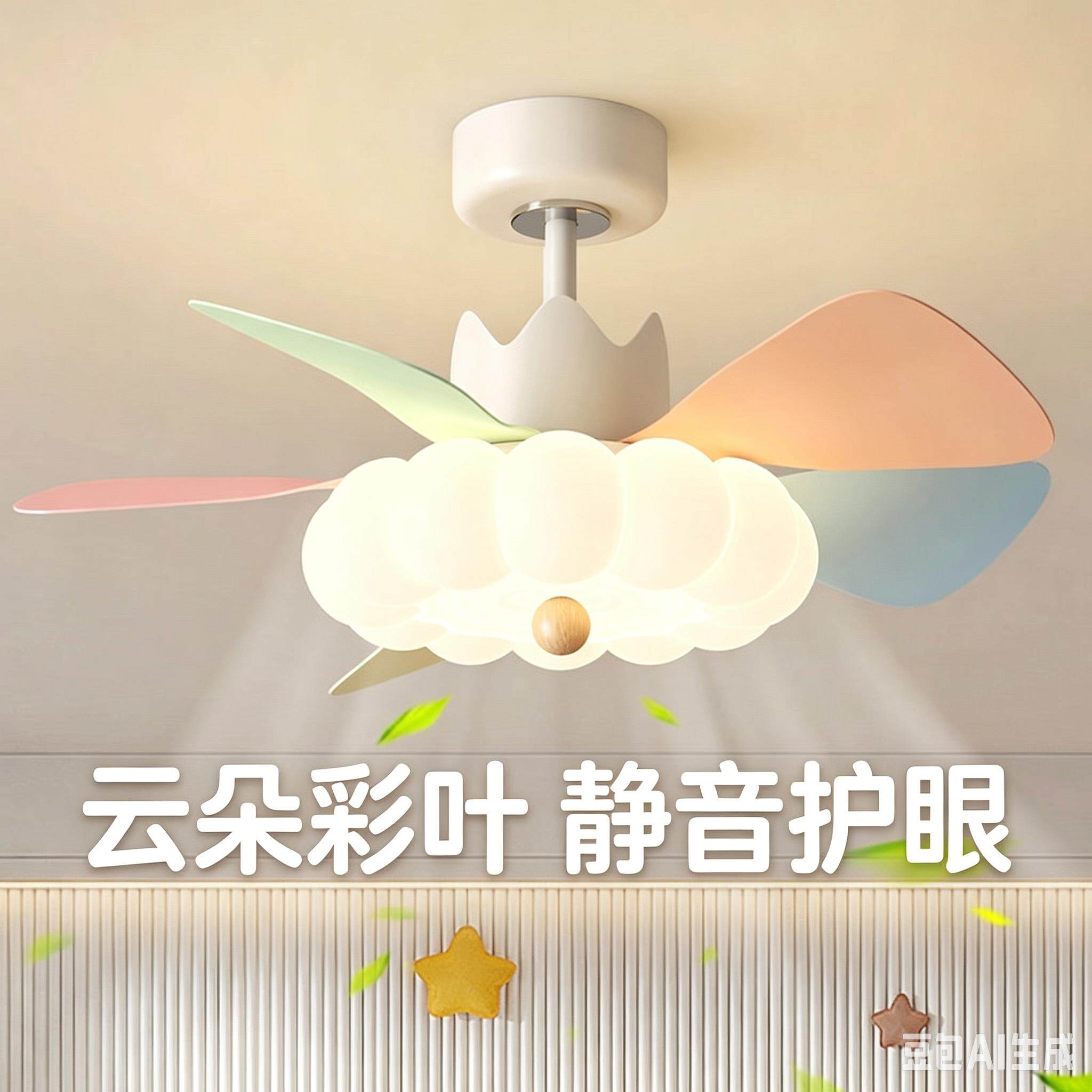奶油风马卡龙智能儿童房吊扇灯