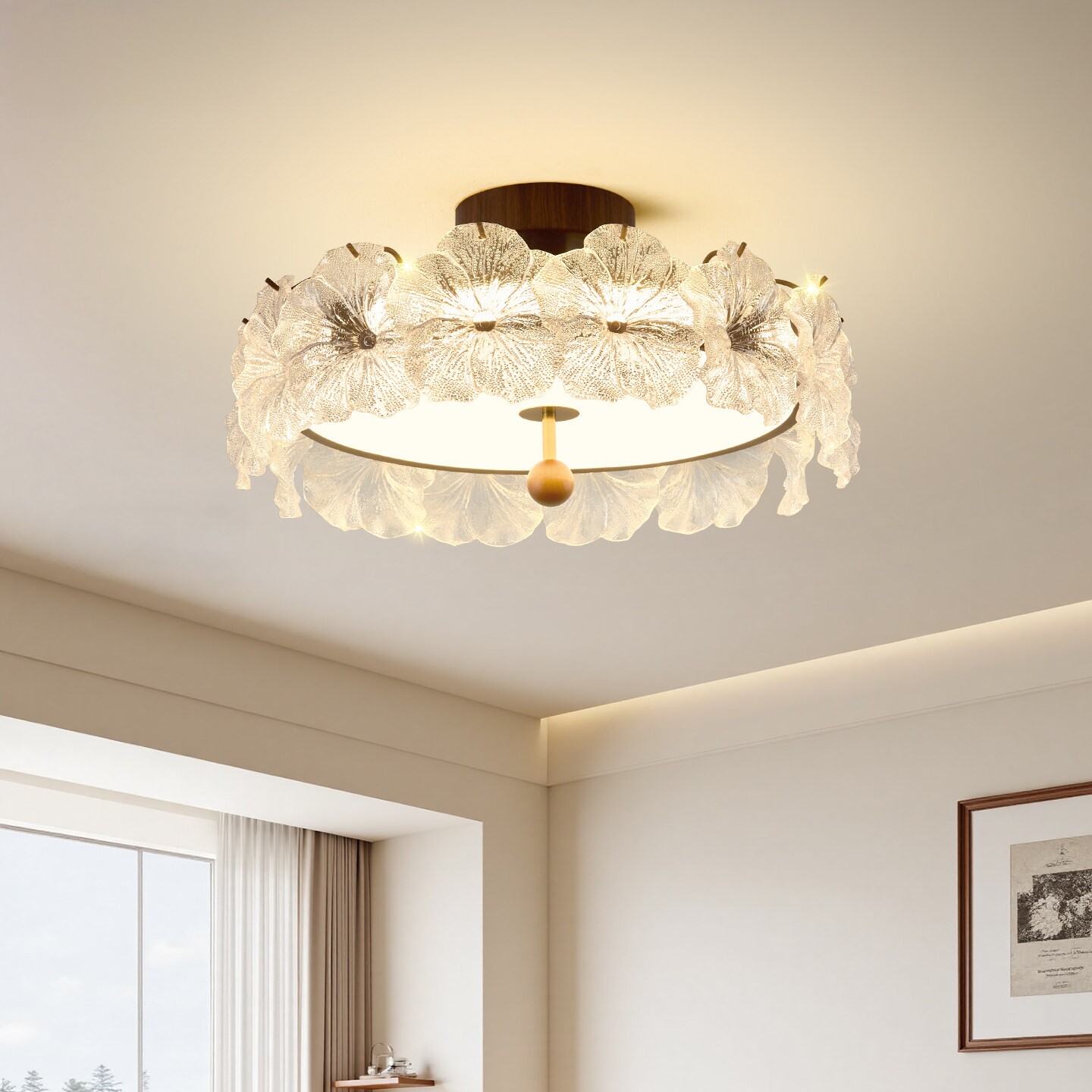 卧室吸顶灯中古风胡桃木色温馨房间灯玻璃花朵吊球圆形护眼主卧灯