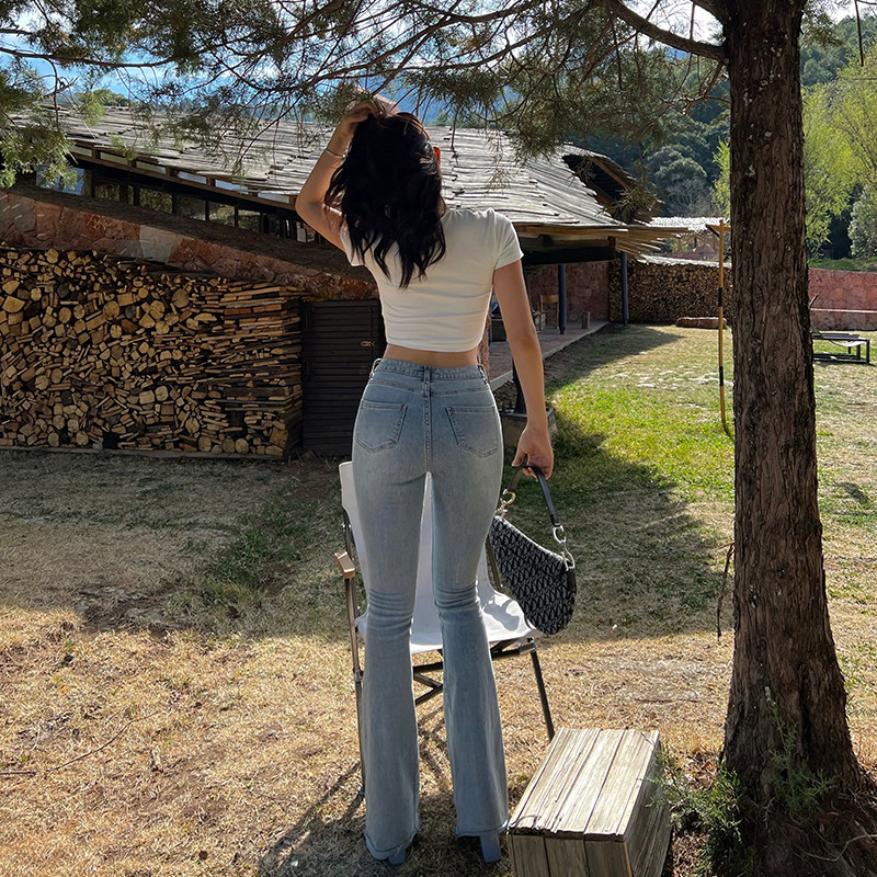 XIAOLI CHOPSTICKS ESSENCE 2.0 PEAR-SHAPED FIGURE LIGHT-COLORED HIGH-WAISTED STRAIGHT-LEG SLIGHTLY FLARE JEANS SPRING AND SUMMER THIN PANTS