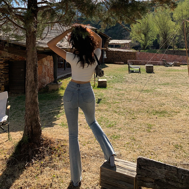 XIAOLI CHOPSTICKS ESSENCE 2.0 PEAR-SHAPED FIGURE LIGHT-COLORED HIGH-WAISTED STRAIGHT-LEG SLIGHTLY FLARE JEANS SPRING AND SUMMER THIN PANTS
