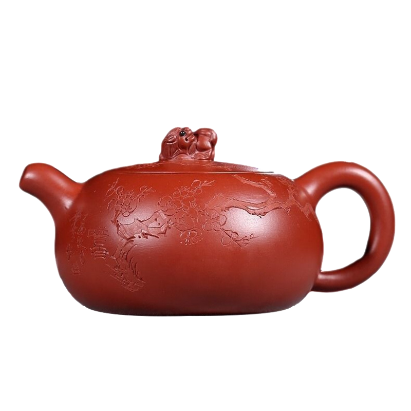 宜兴紫砂壶纯手工刻绘梅花祥瑞西施壶功夫茶具原矿大红袍貔貅茶壶