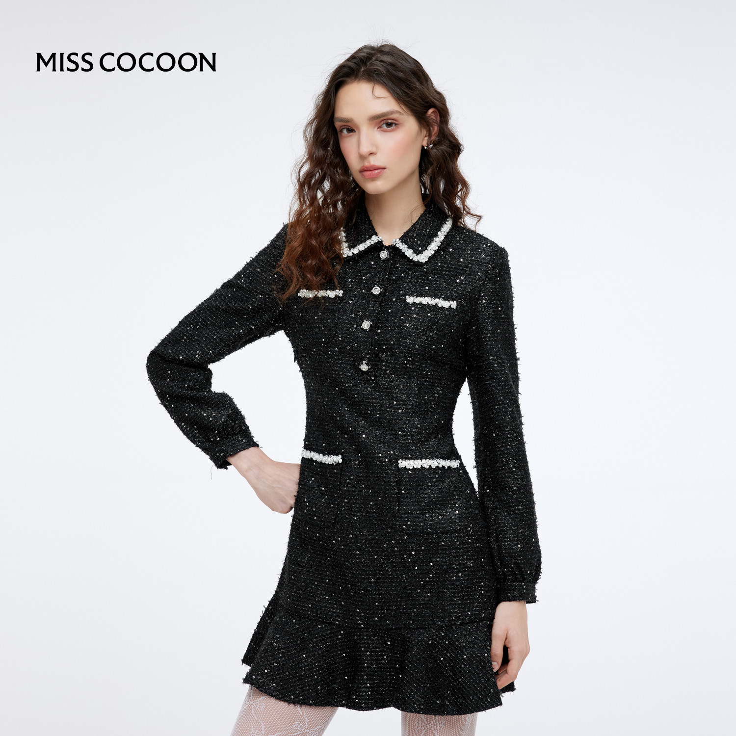 MISSCOCOON【真香女孩】立体感肌理编织面料荷叶鱼尾边连衣裙,女装/女士精品,连衣裙,淘宝优惠券,粉丝福利购,淘宝优惠卷