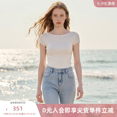 MISSCOCOON可可尼珍珠烫钻一字领短袖针织上衣