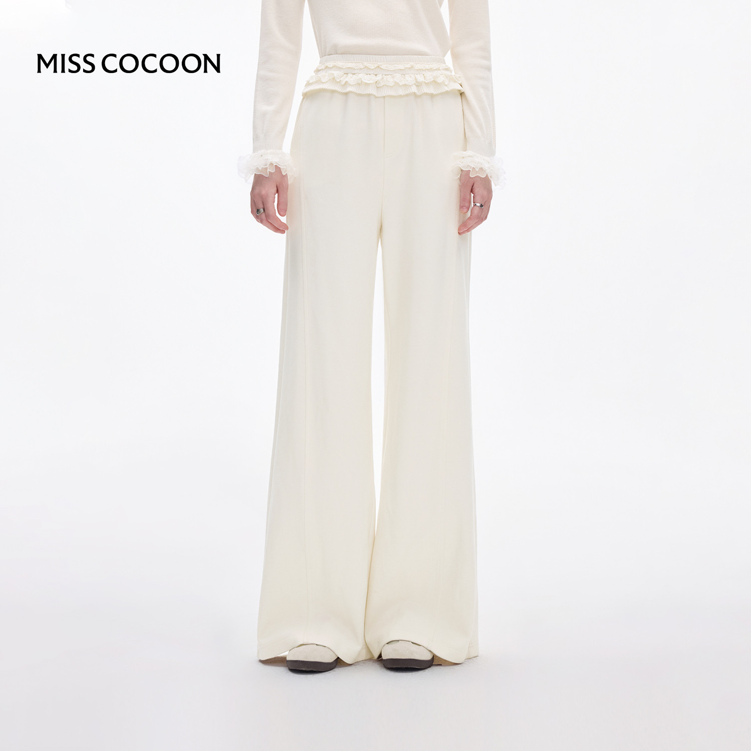 MISSCOCOON可可尼白色阔腿休闲裤女2025冬季新款拼接宽松直筒裤,女装/女士精品,休闲裤,淘宝优惠券,粉丝福利购,淘宝优惠卷
