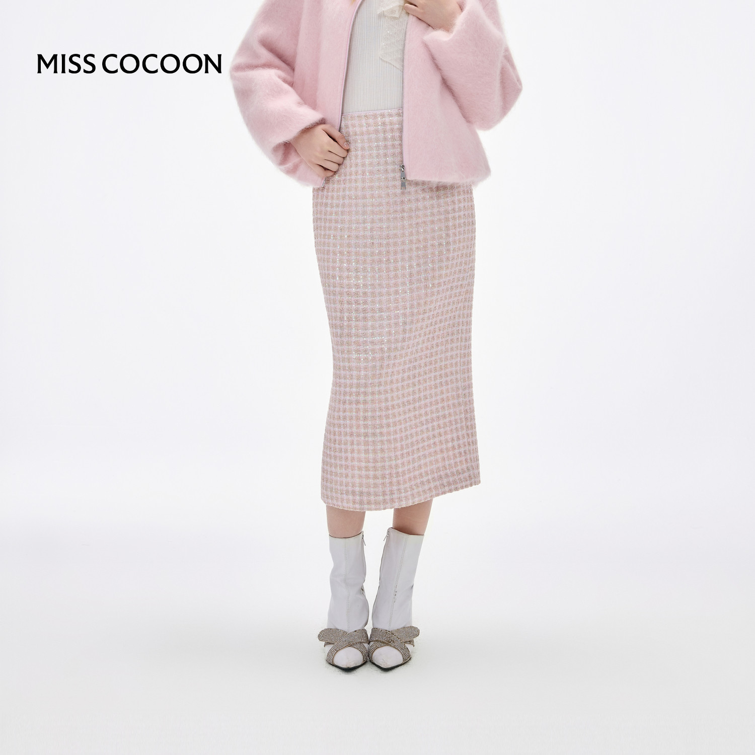 MISSCOCOON可可尼格子直筒裙女2025冬季新款粉白亮片粗花呢半身裙,女装/女士精品,半身裙,淘宝优惠券,粉丝福利购,淘宝优惠卷