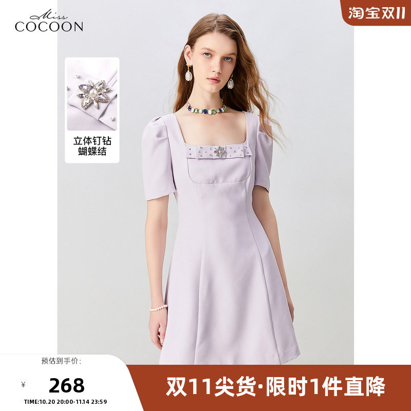 missCOCOON法式方领连衣裙2025夏季新款女收腰修身短款连衣裙