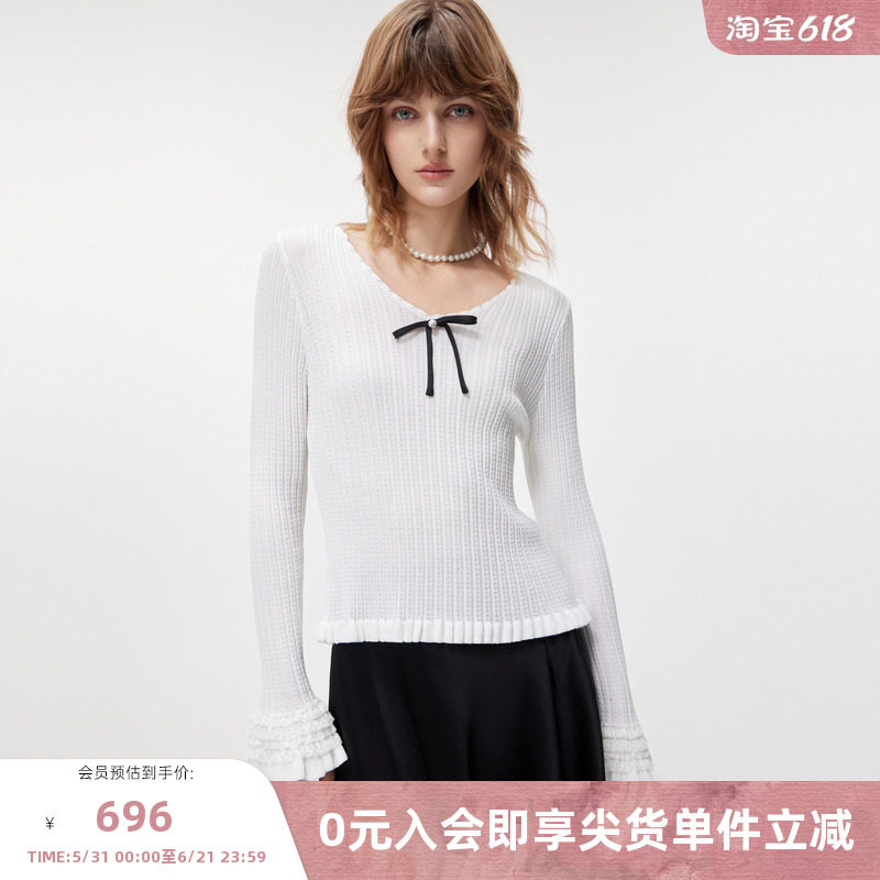 MISSCOCOON可可尼白色木耳边打底衫女2026春季新款蝴蝶结毛针织衫