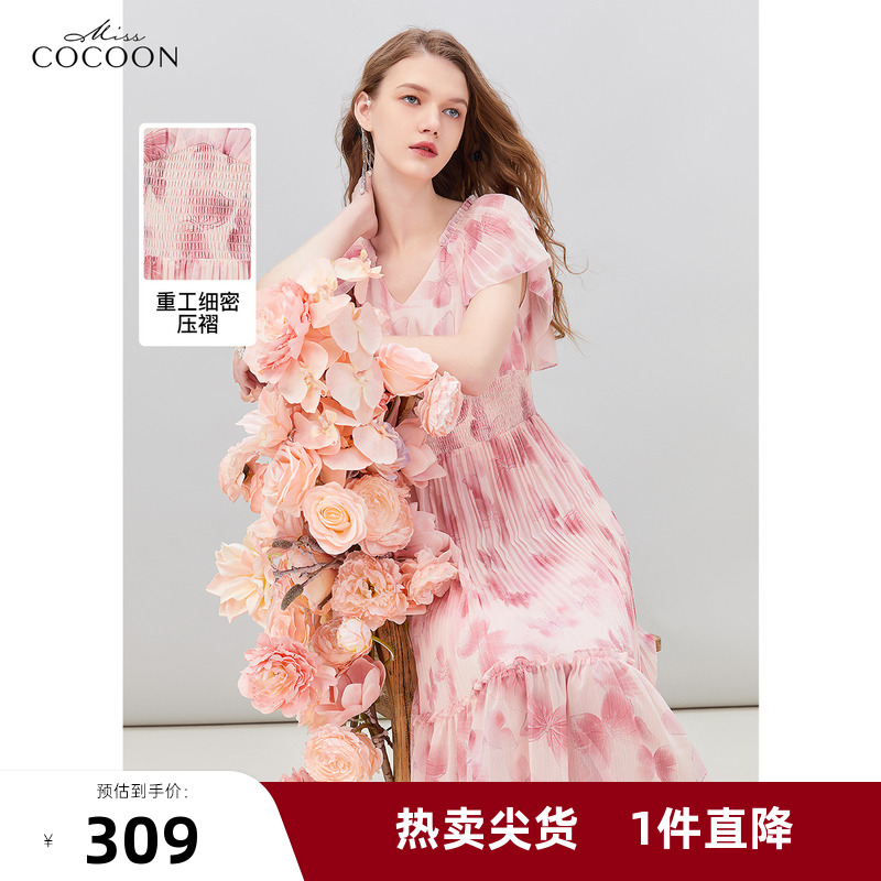 missCOCOON浪漫飘逸荷叶边碎花裙2024夏新女重工压褶打揽连衣裙