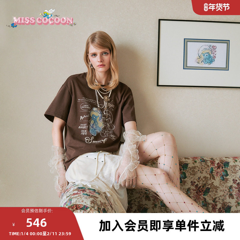 MISSCOCOON可可尼蓝精灵联名T恤上衣女2025秋季新款咖色纯棉短袖,女装/女士精品,T恤,淘宝优惠券,粉丝福利购,淘宝优惠卷