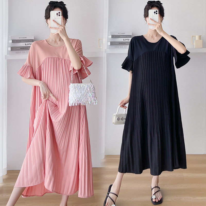 大码孕妇夏装网红百褶连衣裙过膝宽松遮肚飞飞袖夏天长裙子200斤