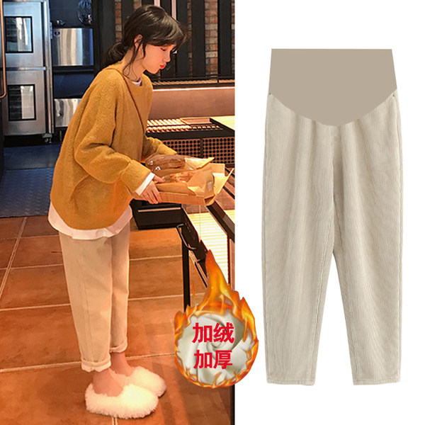 加绒加厚冬装孕妇小脚裤显瘦灯芯绒宽松200斤大码保暖休闲阔腿裤