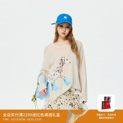 REVAN芮范设计师款蓝色雨靴斑点狗印花长袖T恤针织毛衫RK10601270